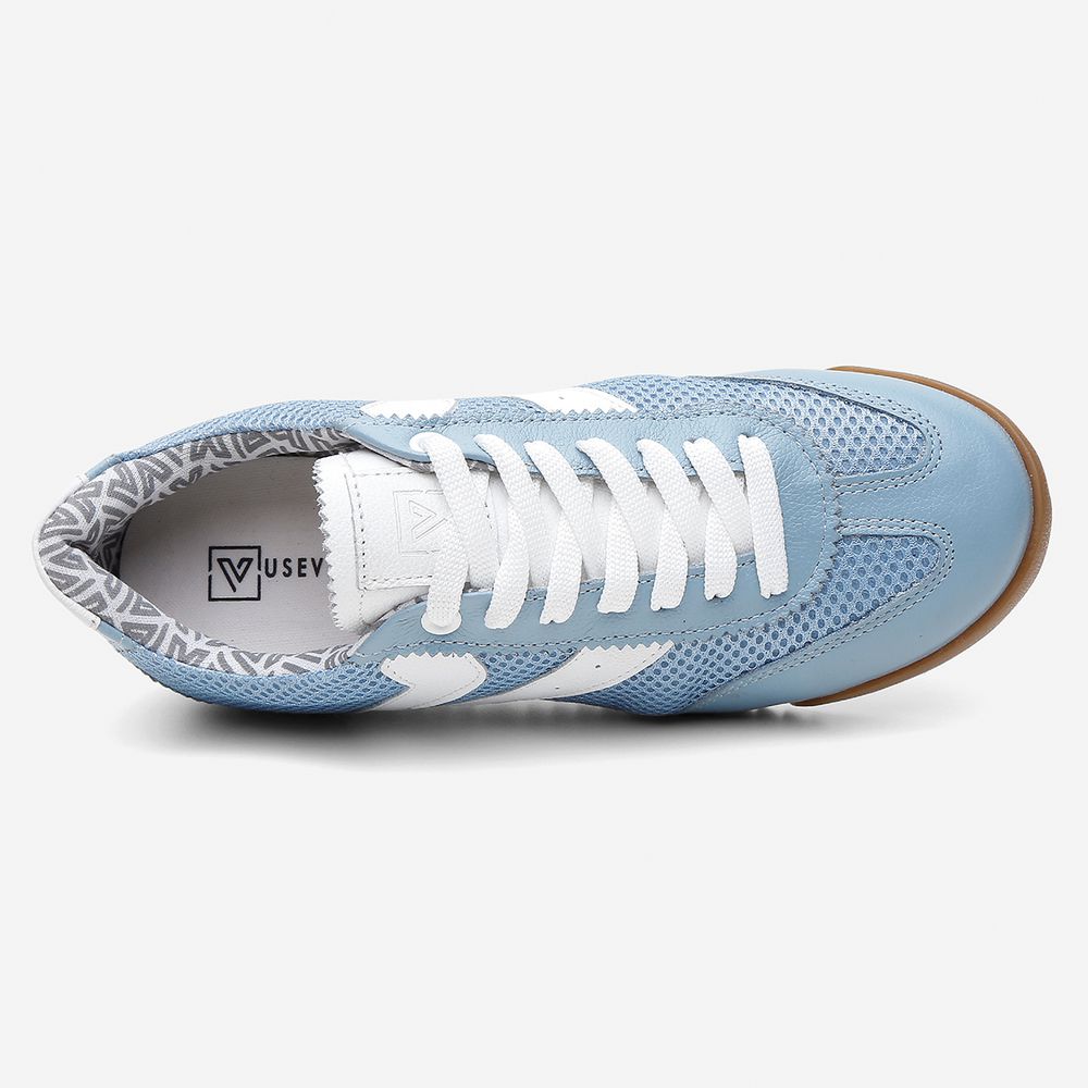 Tênis Feminino Couro Legítimo Naomi Azul Casual Vittal Clássico Retrô