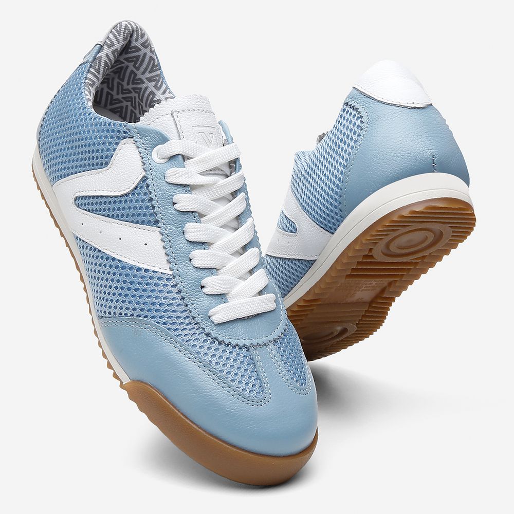 Tênis Feminino Couro Legítimo Naomi Azul Casual Vittal Clássico Retrô