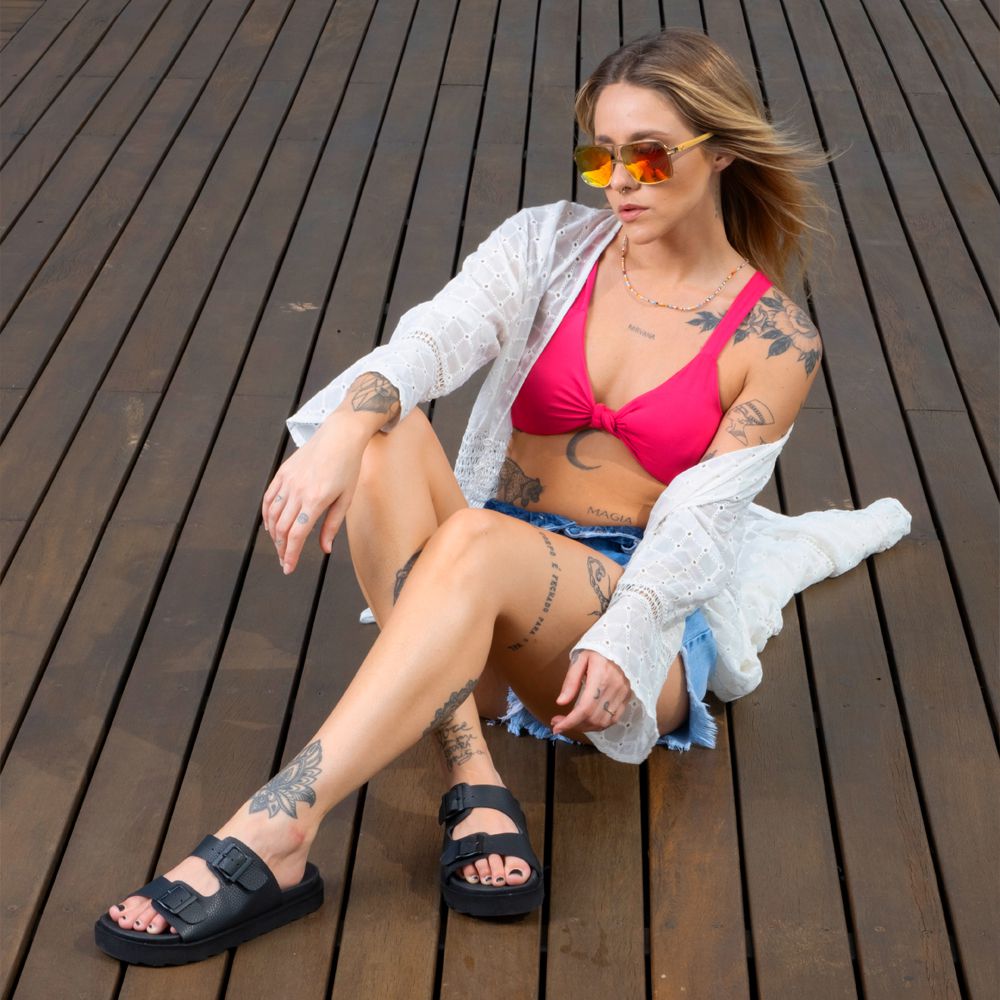 Sandália Papete Vittal Natalie em Couro Legitimo Preto