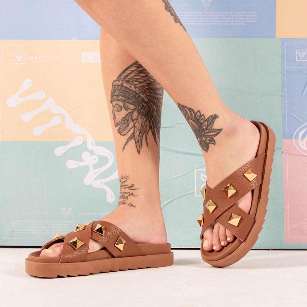 Sandália Birken Feminina Em Couro Vittal Marina Caramelo Tiras Cruzadas Com Sparkle