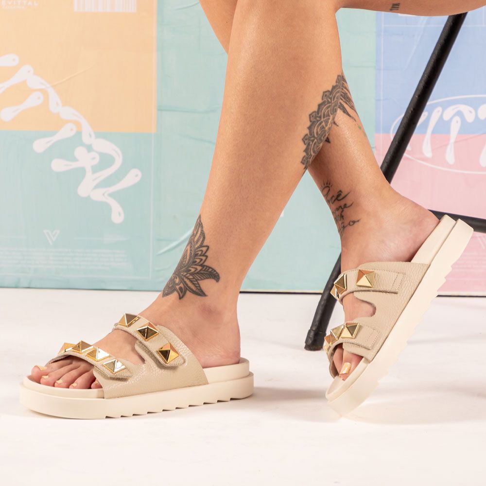Sandália Birken Feminina Em Couro Vittal Chiara Offwhite Com Sparkle