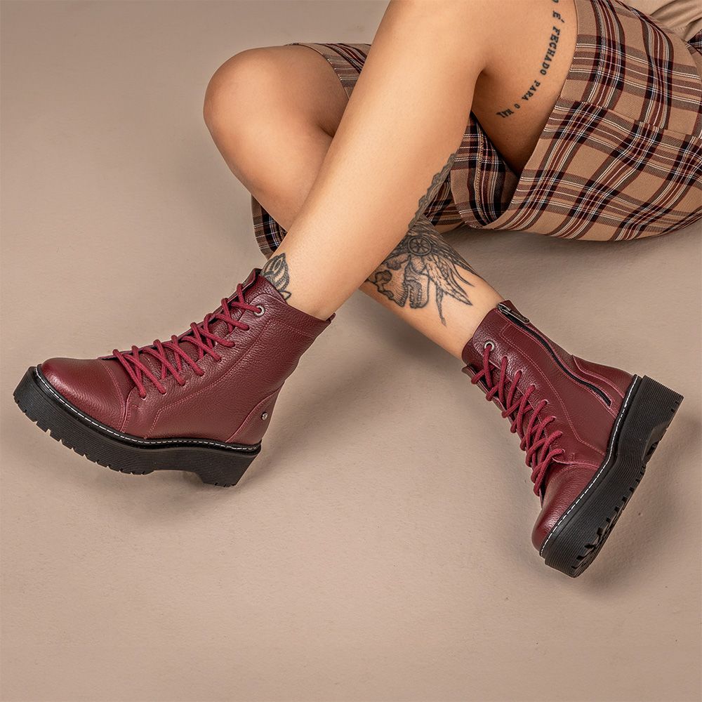 Bota Coturno Feminino Laura Vittal em Couro Legítimo Bordo
