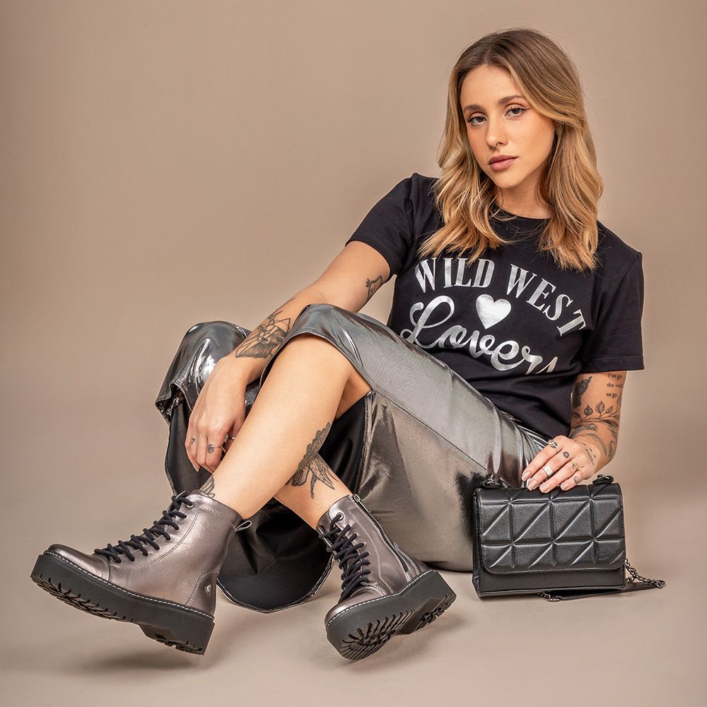 Bota Coturno Feminino Laura Vittal em Couro Legítimo Prata Velho