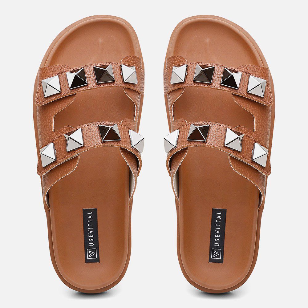 Sandália Birken Feminina Em Couro Vittal Chiara Caramelo Com Sparkle