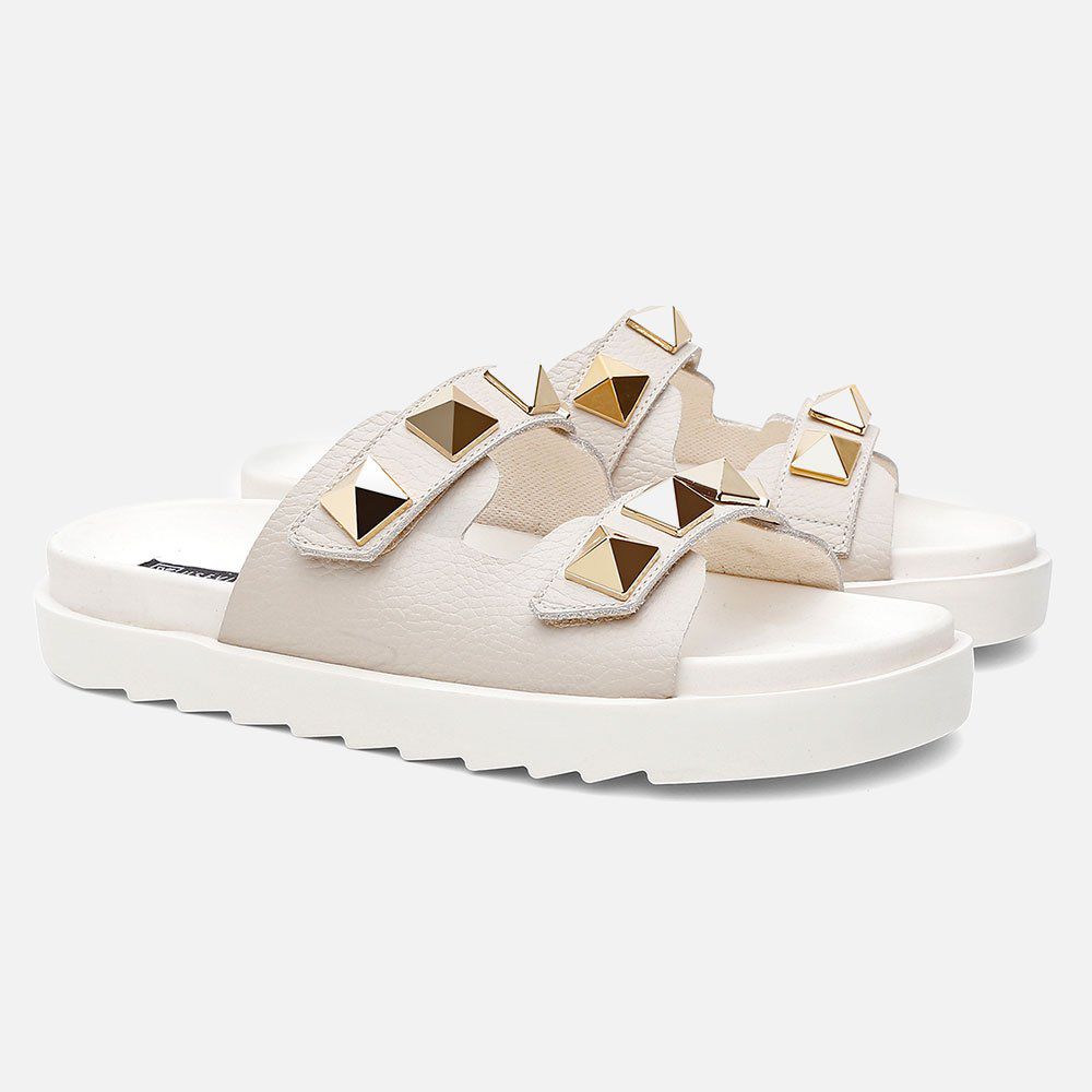 Sandália Birken Feminina Em Couro Vittal Chiara Offwhite Com Sparkle