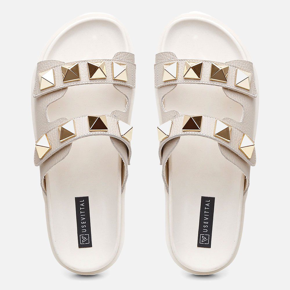 Sandália Birken Feminina Em Couro Vittal Chiara Offwhite Com Sparkle