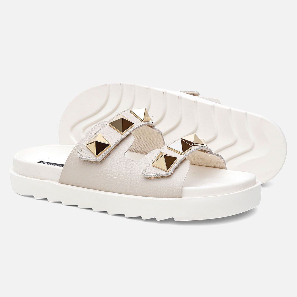 Sandália Birken Feminina Em Couro Vittal Chiara Offwhite Com Sparkle