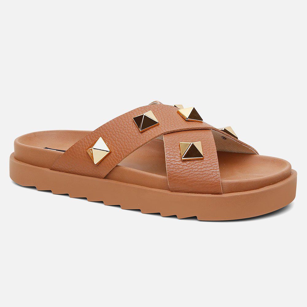 Sandália Birken Feminina Em Couro Vittal Marina Caramelo Tiras Cruzadas Com Sparkle