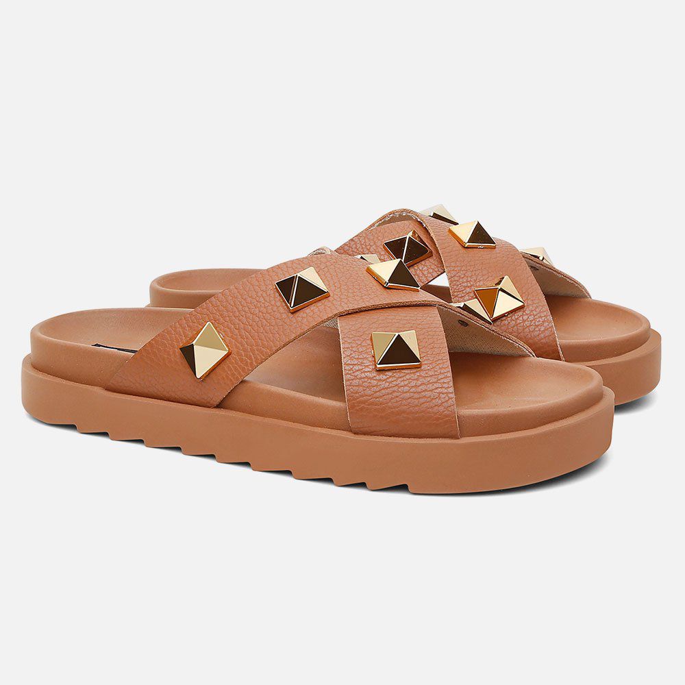 Sandália Birken Feminina Em Couro Vittal Marina Caramelo Tiras Cruzadas Com Sparkle
