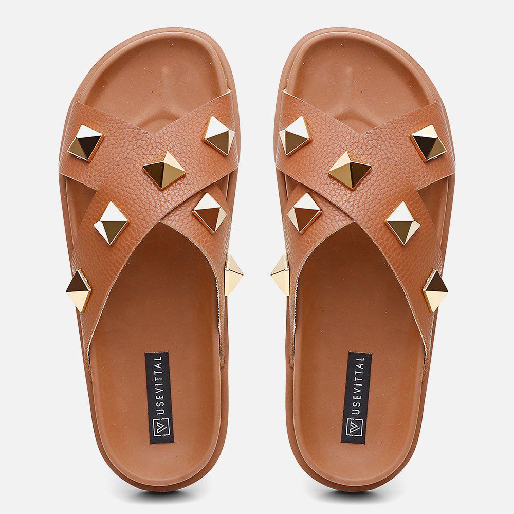 Sandália Birken Feminina Em Couro Vittal Marina Caramelo Tiras Cruzadas Com Sparkle