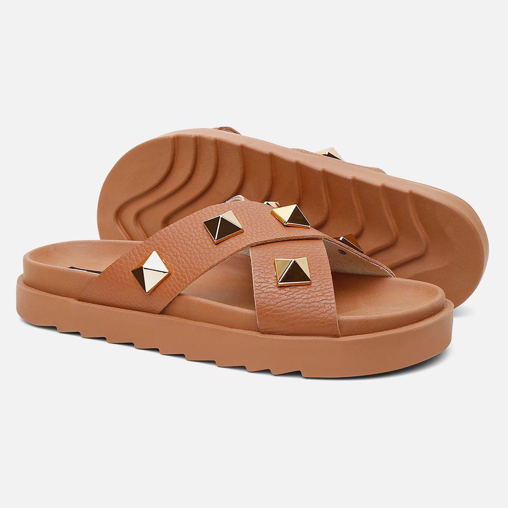 Sandália Birken Feminina Em Couro Vittal Marina Caramelo Tiras Cruzadas Com Sparkle