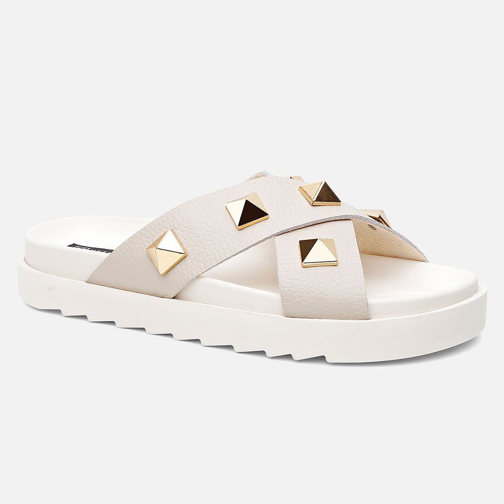 Sandália Birken Feminina Em Couro Vittal Marina Offwhite Tiras Cruzadas Com Sparkle
