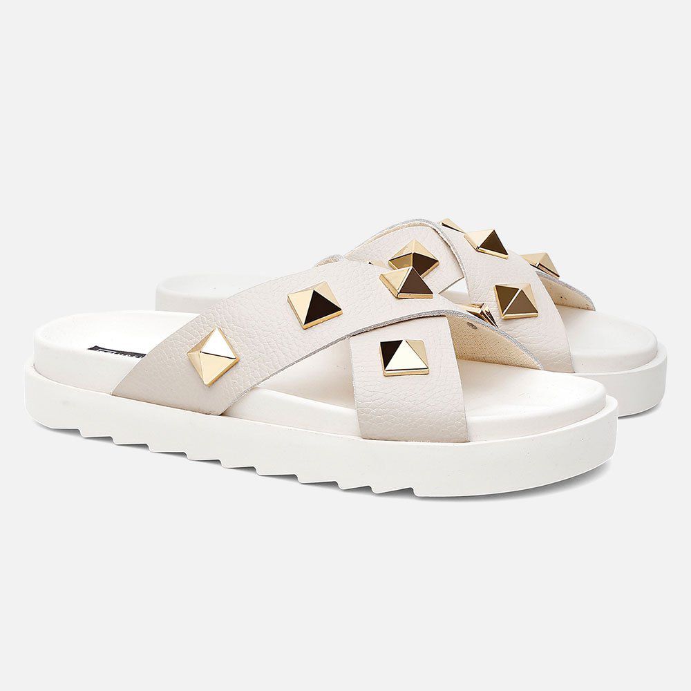 Sandália Birken Feminina Em Couro Vittal Marina Offwhite Tiras Cruzadas Com Sparkle