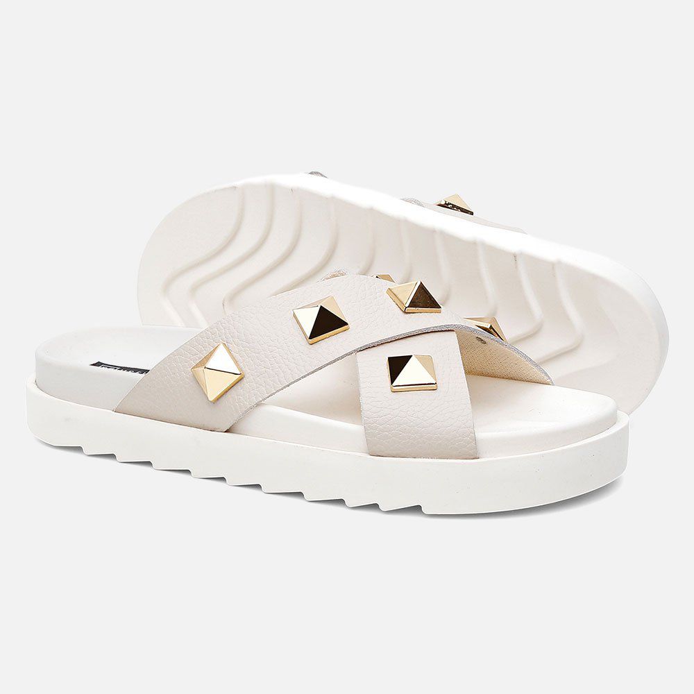 Sandália Birken Feminina Em Couro Vittal Marina Offwhite Tiras Cruzadas Com Sparkle
