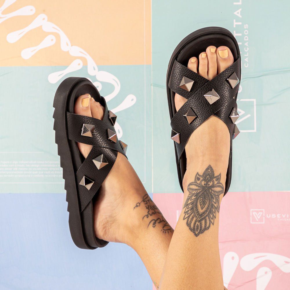 Sandália Birken Feminina Em Couro Vittal Marina Preta Tiras Cruzadas Com Sparkle
