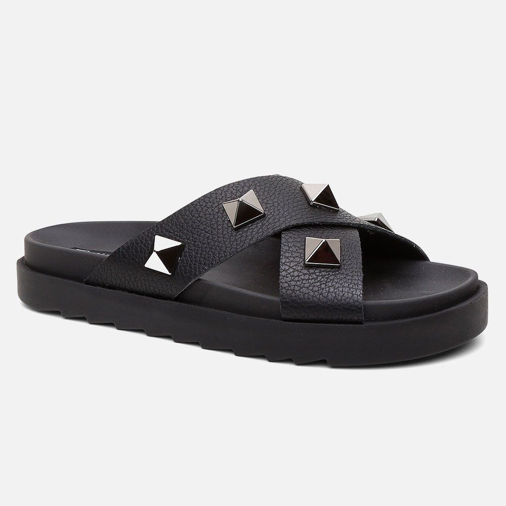 Sandália Birken Feminina Em Couro Vittal Marina Preta Tiras Cruzadas Com Sparkle