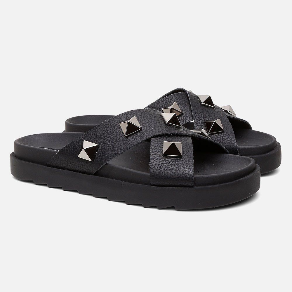 Sandália Birken Feminina Em Couro Vittal Marina Preta Tiras Cruzadas Com Sparkle