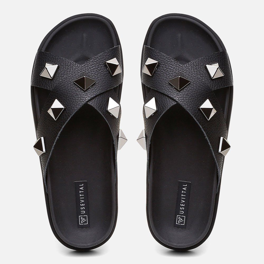 Sandália Birken Feminina Em Couro Vittal Marina Preta Tiras Cruzadas Com Sparkle