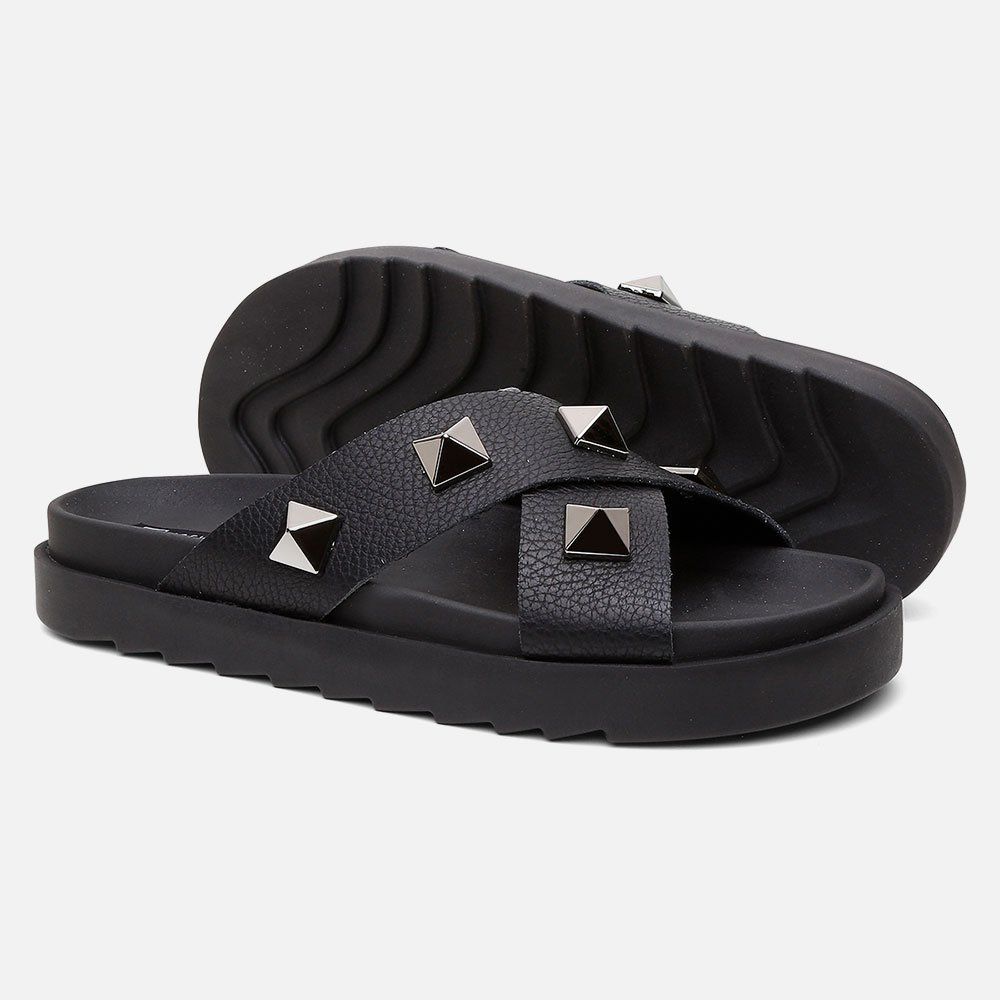 Sandália Birken Feminina Em Couro Vittal Marina Preta Tiras Cruzadas Com Sparkle