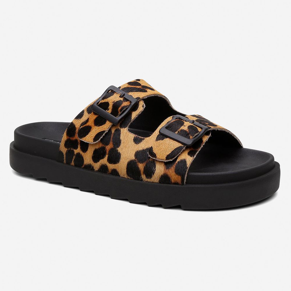 Sandália Papete Vittal Natalie Em Couro Legitimo Preto e Leopardo