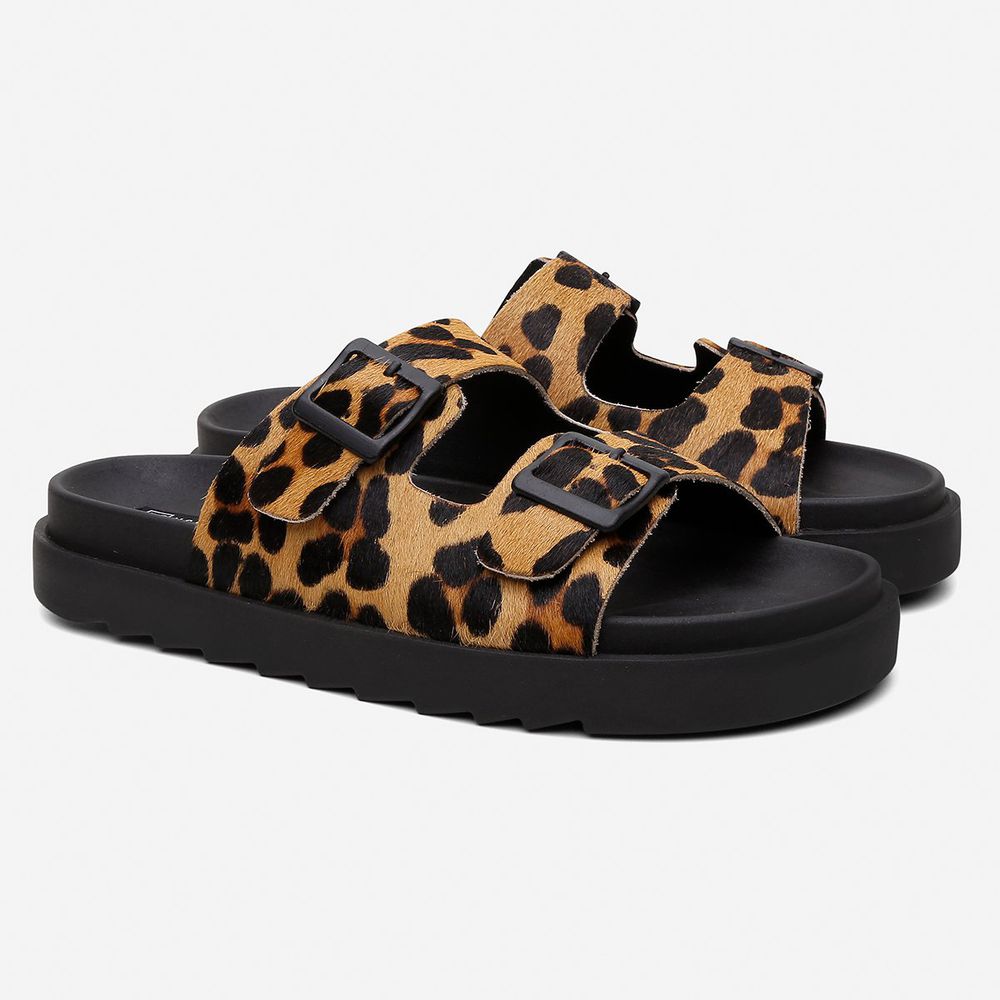 Sandália Papete Vittal Natalie Em Couro Legitimo Preto e Leopardo