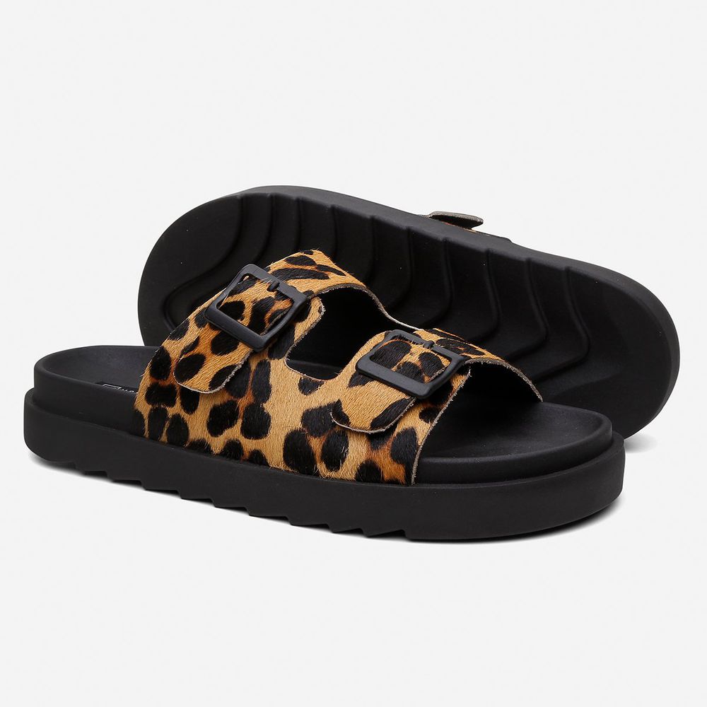 Sandália Papete Vittal Natalie Em Couro Legitimo Preto e Leopardo