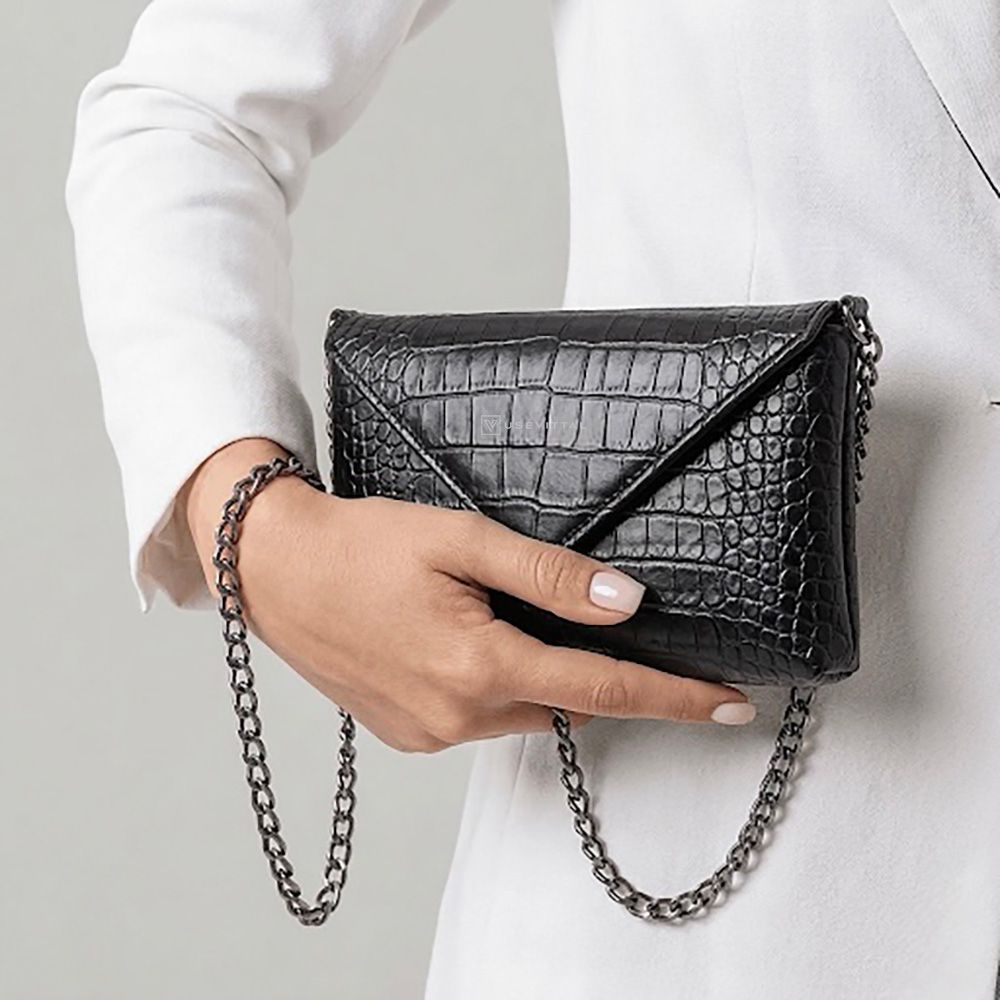 Bolsa Vittal Eloá em Couro Legítimo Croco Preta