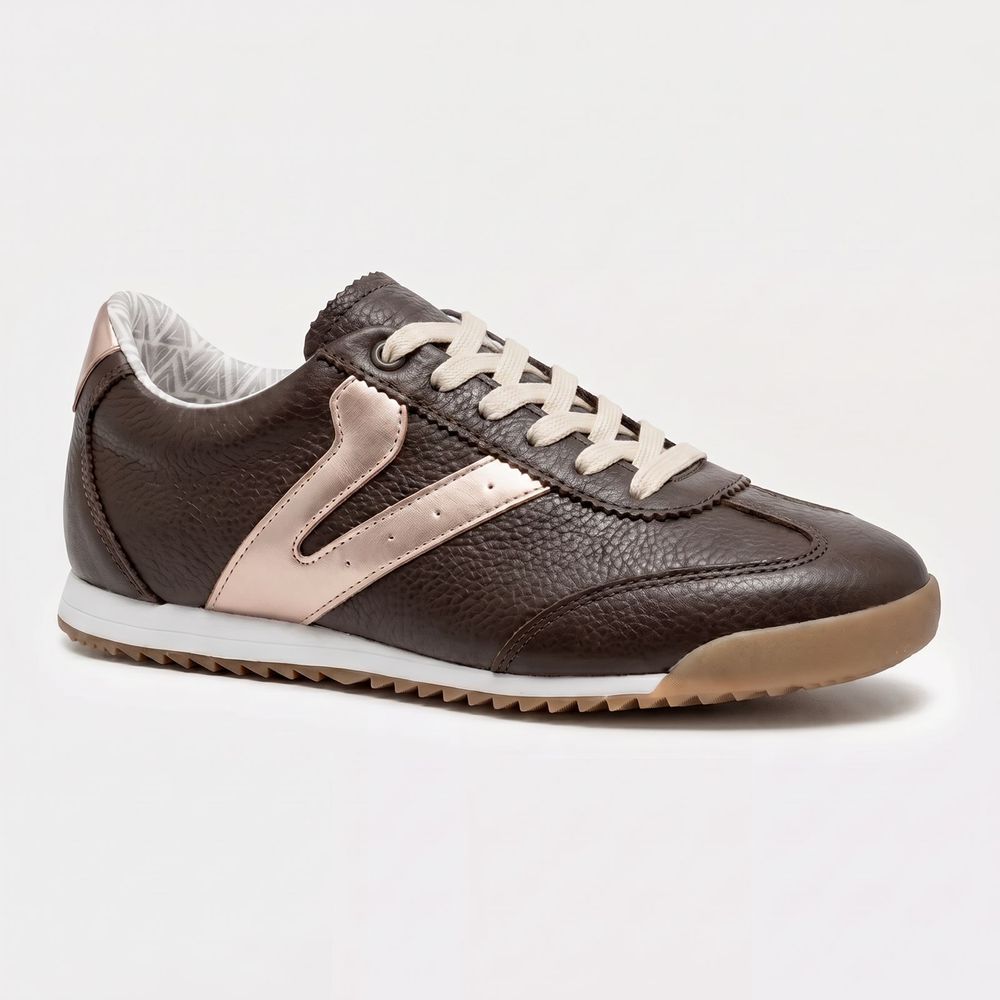 Tênis Feminino Couro Legítimo Naomi Café com Rosê Casual Vittal Clássico Retrô