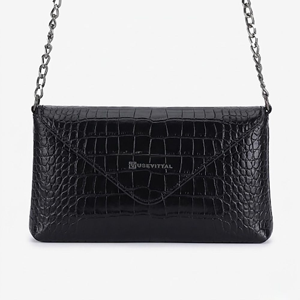 Bolsa Vittal Eloá em Couro Legítimo Croco Preta