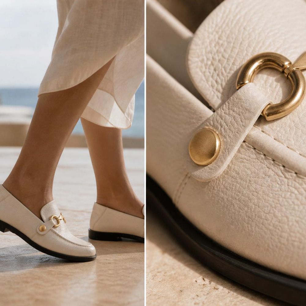 Mocassim Feminino Vittal Mara em Couro Legítimo OffWhite com 2 Fivelas Removíveis