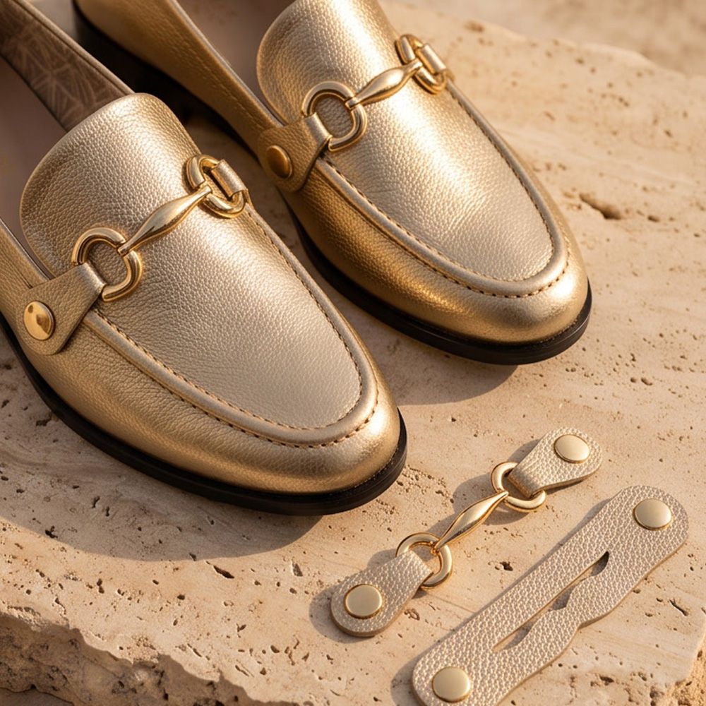 Mocassim Feminino Vittal Mara em Couro Legítimo Ouro com 2 Fivelas Removíveis