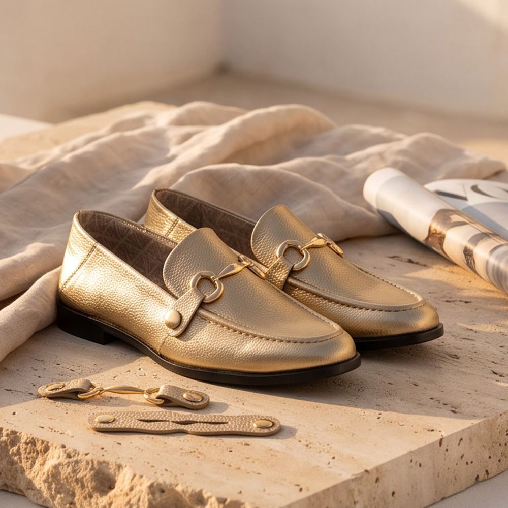 Mocassim Feminino Vittal Mara em Couro Legítimo Ouro com 2 Fivelas Removíveis