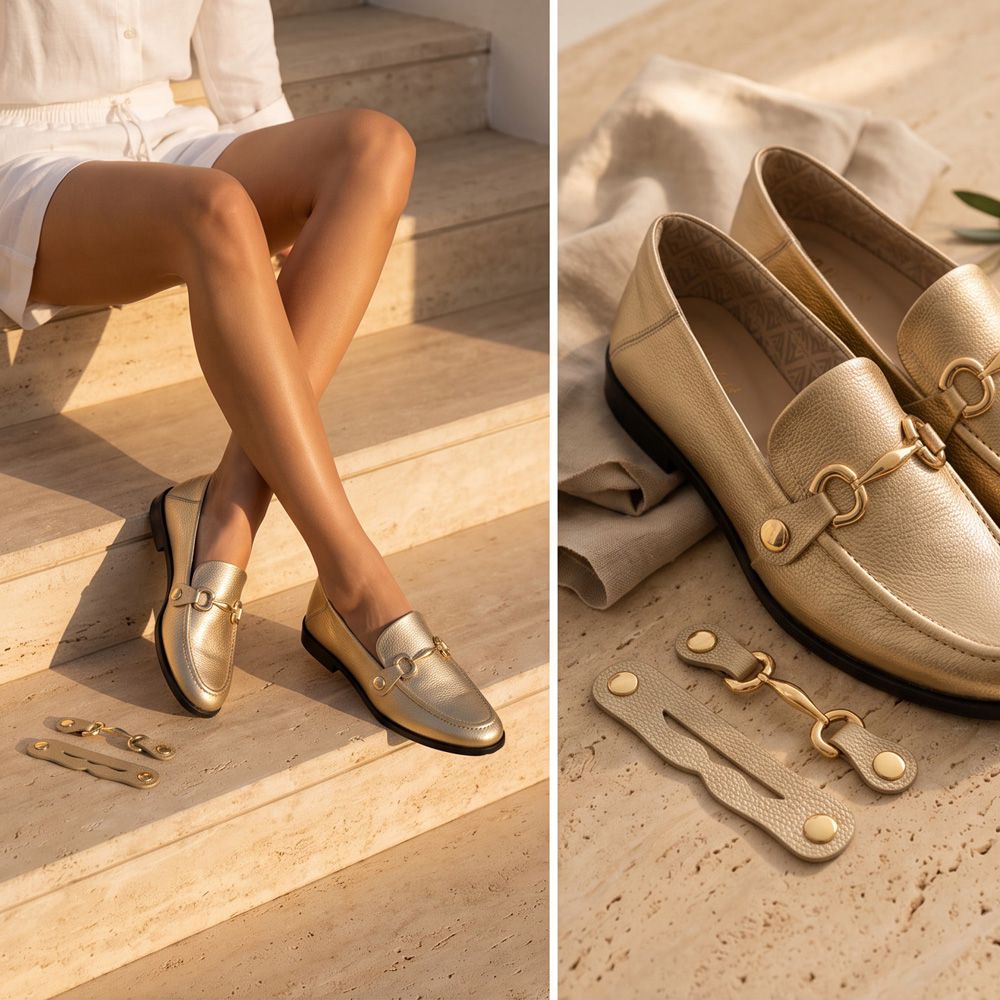 Mocassim Feminino Vittal Mara em Couro Legítimo Ouro com 2 Fivelas Removíveis