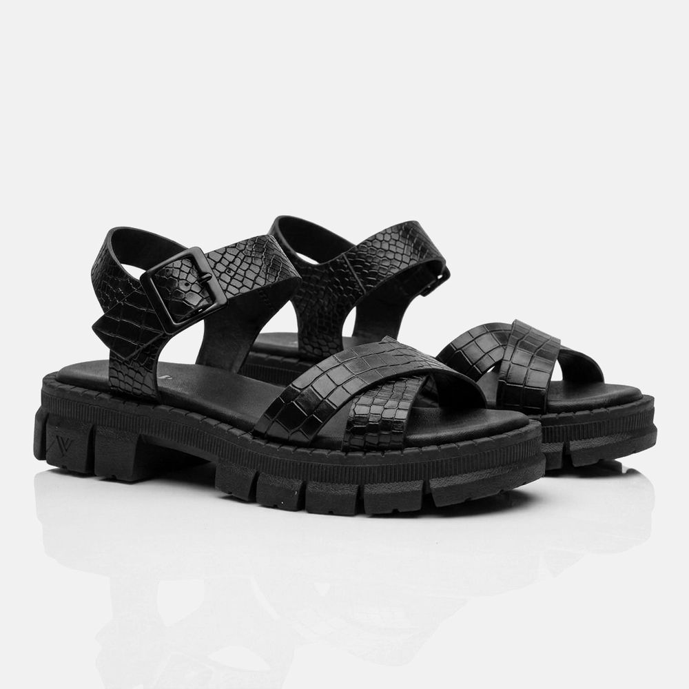 Sandália Feminina Couro Vittal Norah Croco Preta Palmilha Ultra Confort
