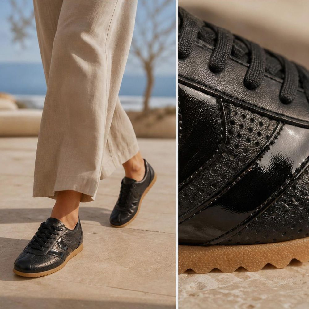 Tênis Feminino Couro Legítimo Naomi Preto Casual Vittal Clássico Retrô