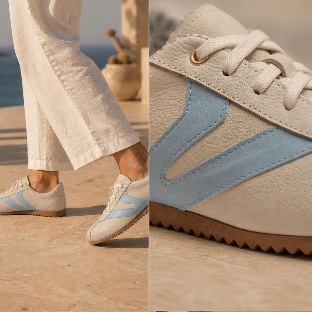 Tênis Feminino Couro Legítimo Naomi OffWhite com Azul Vittal Clássico Retrô