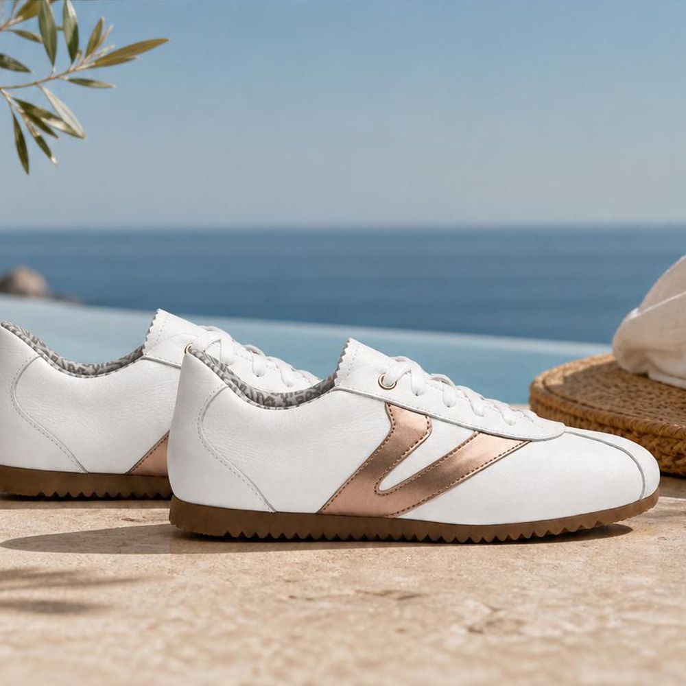 Tênis Feminino Couro Legítimo Naomi Branco com Rosê Casual Vittal Clássico Retrô