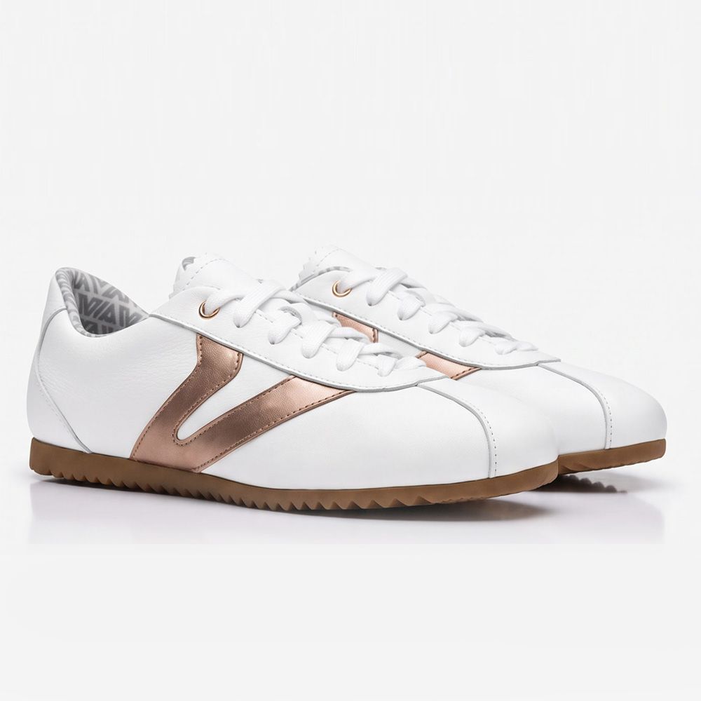 Tênis Feminino Couro Legítimo Naomi Branco com Rosê Casual Vittal Clássico Retrô