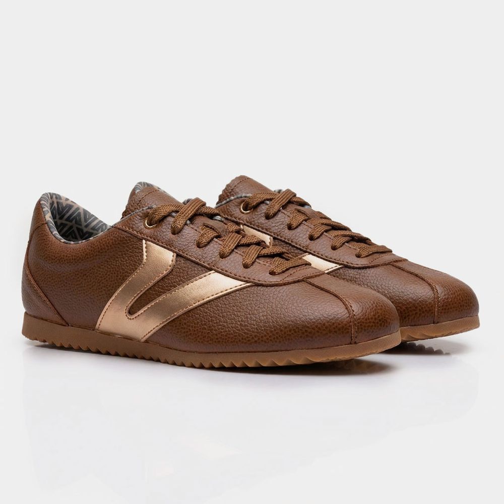 Tênis Feminino Couro Legítimo Naomi Caramelo com Rosê Casual Vittal Clássico Retrô