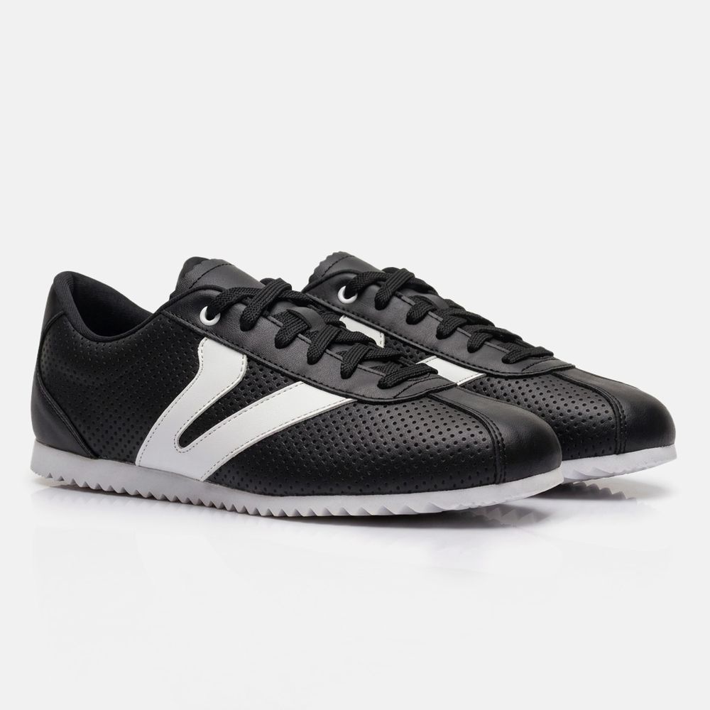 Tênis Feminino Couro Legítimo Naomi Preto com Branco Casual Vittal Clássico Retrô 