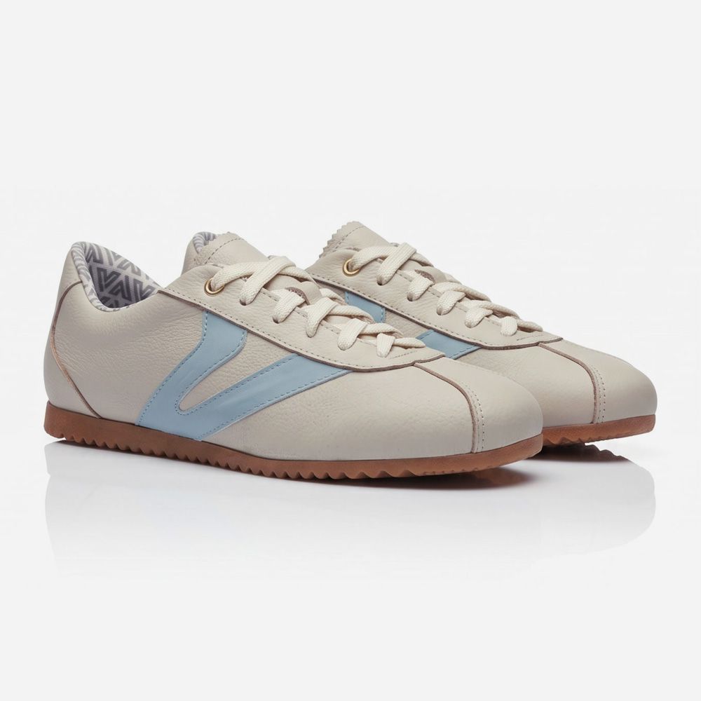 Tênis Feminino Couro Legítimo Naomi OffWhite com Azul Vittal Clássico Retrô