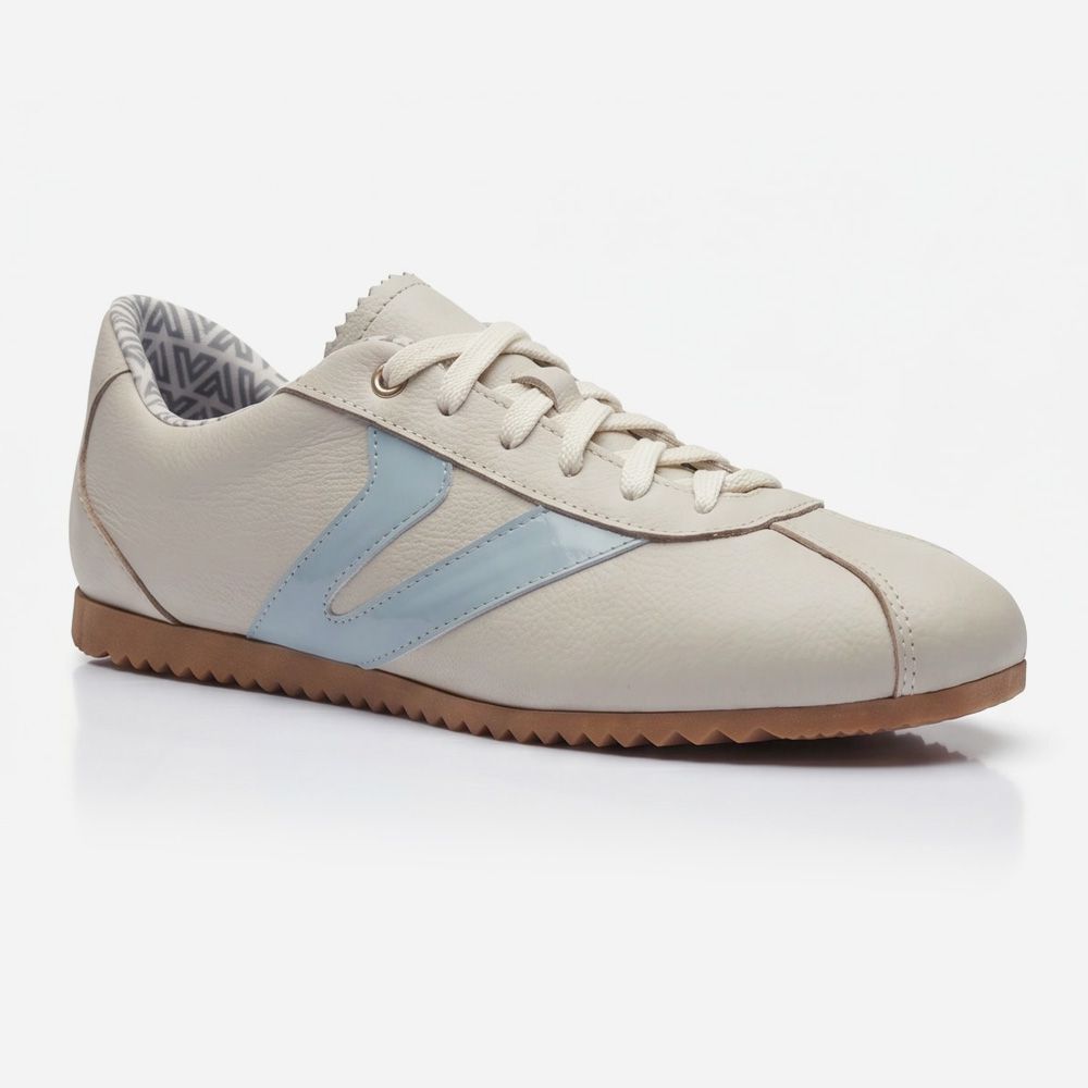Tênis Feminino Couro Legítimo Naomi OffWhite com Azul Vittal Clássico Retrô