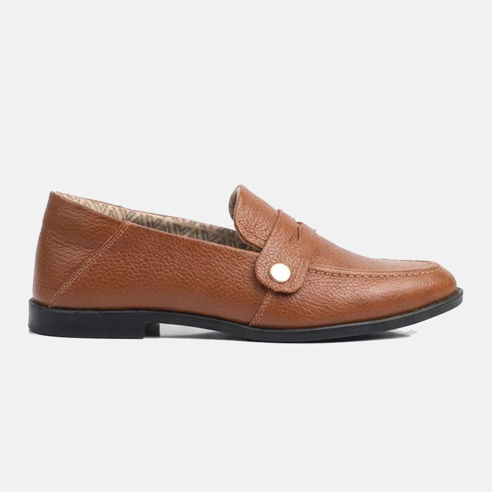 Mocassim Feminino Vittal Mara em Couro Legítimo Caramelo com 2 Fivelas Removíveis