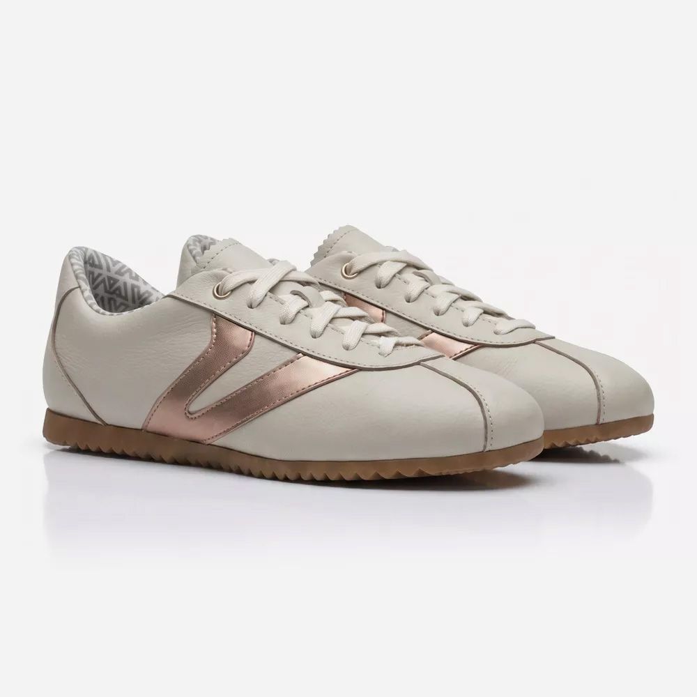 Tênis Feminino Couro Legítimo Naomi OffWhite com Rosê Casual Vittal Clássico Retrô