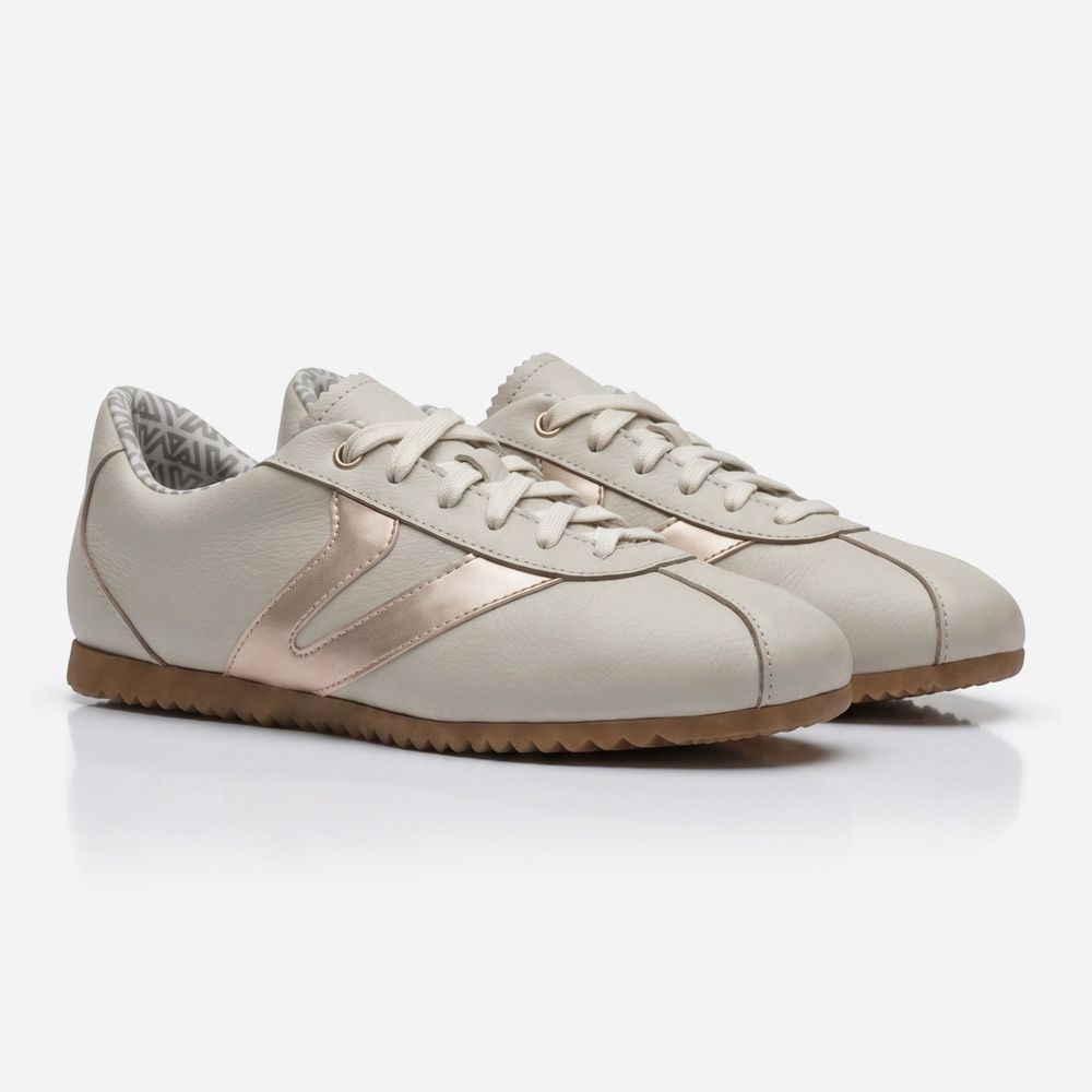 Tênis Feminino Couro Legítimo Naomi OffWhite com Rosê Casual Vittal Clássico Retrô 