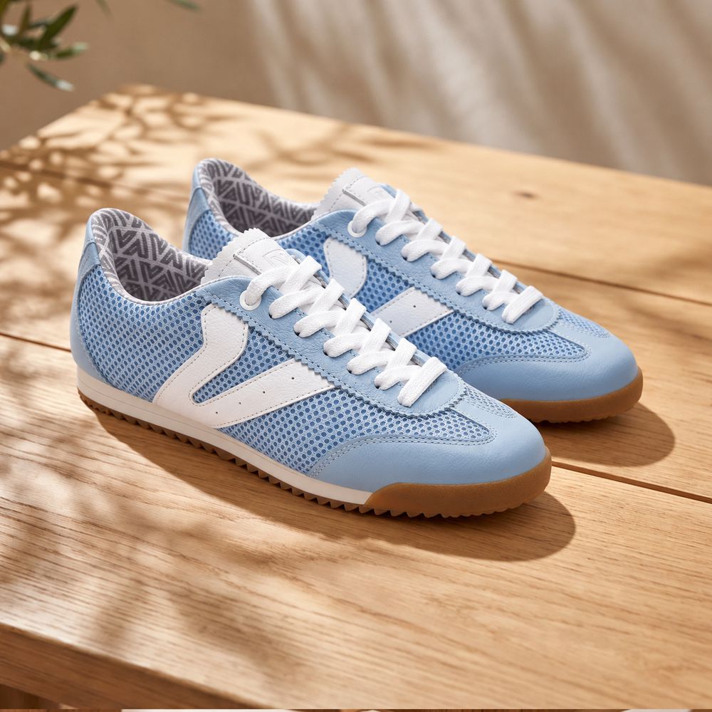 Tênis Feminino Couro Legítimo Naomi Azul Casual Vittal Clássico Retrô