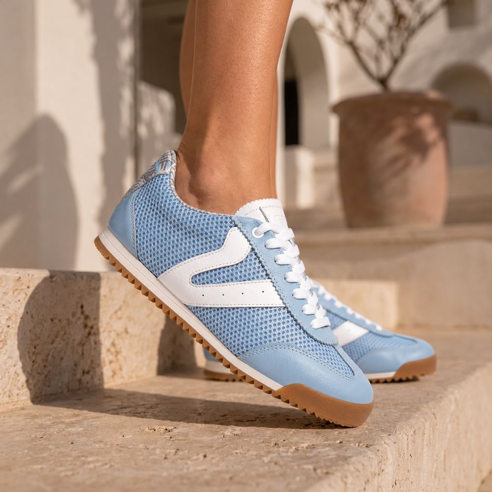 Tênis Feminino Couro Legítimo Naomi Azul Casual Vittal Clássico Retrô