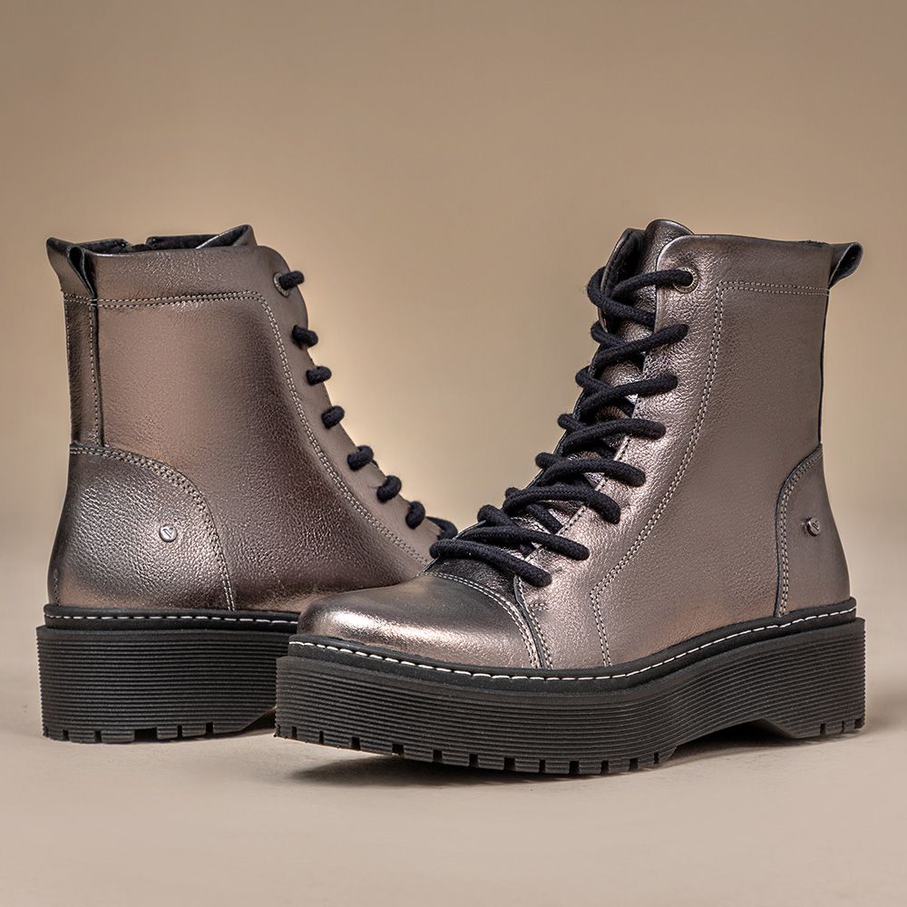 Bota Coturno Feminino Vittal Premium em Couro Prata Velho