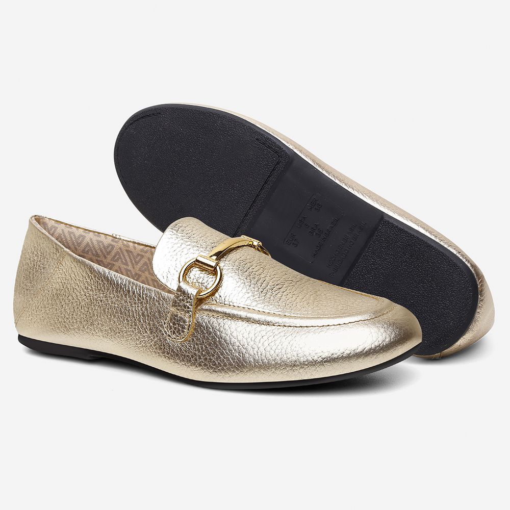 Mocassim Feminino Vittal Aurora em Couro Legítimo Ouro com Fivela Dourada