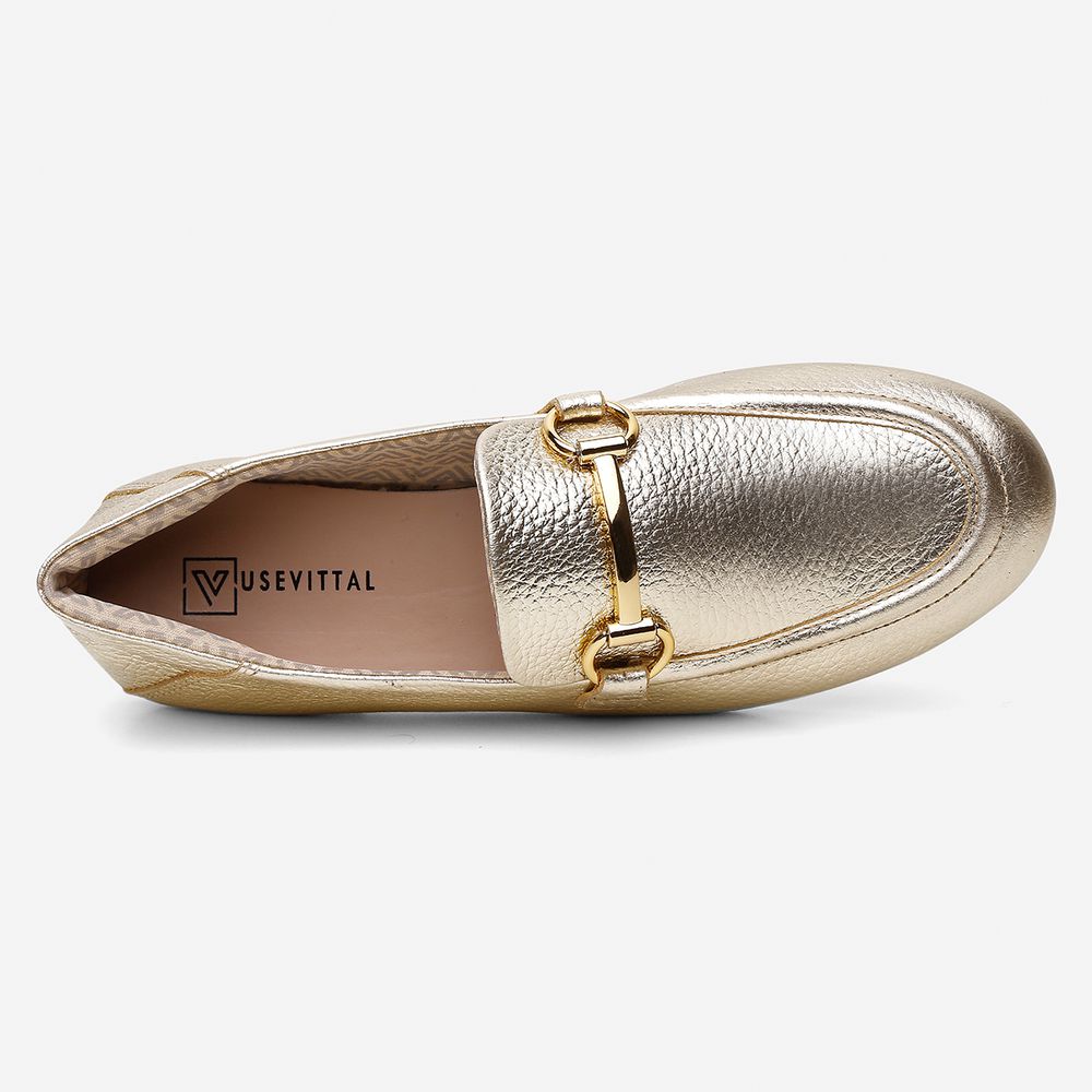 Mocassim Feminino Vittal Aurora em Couro Legítimo Ouro com Fivela Dourada